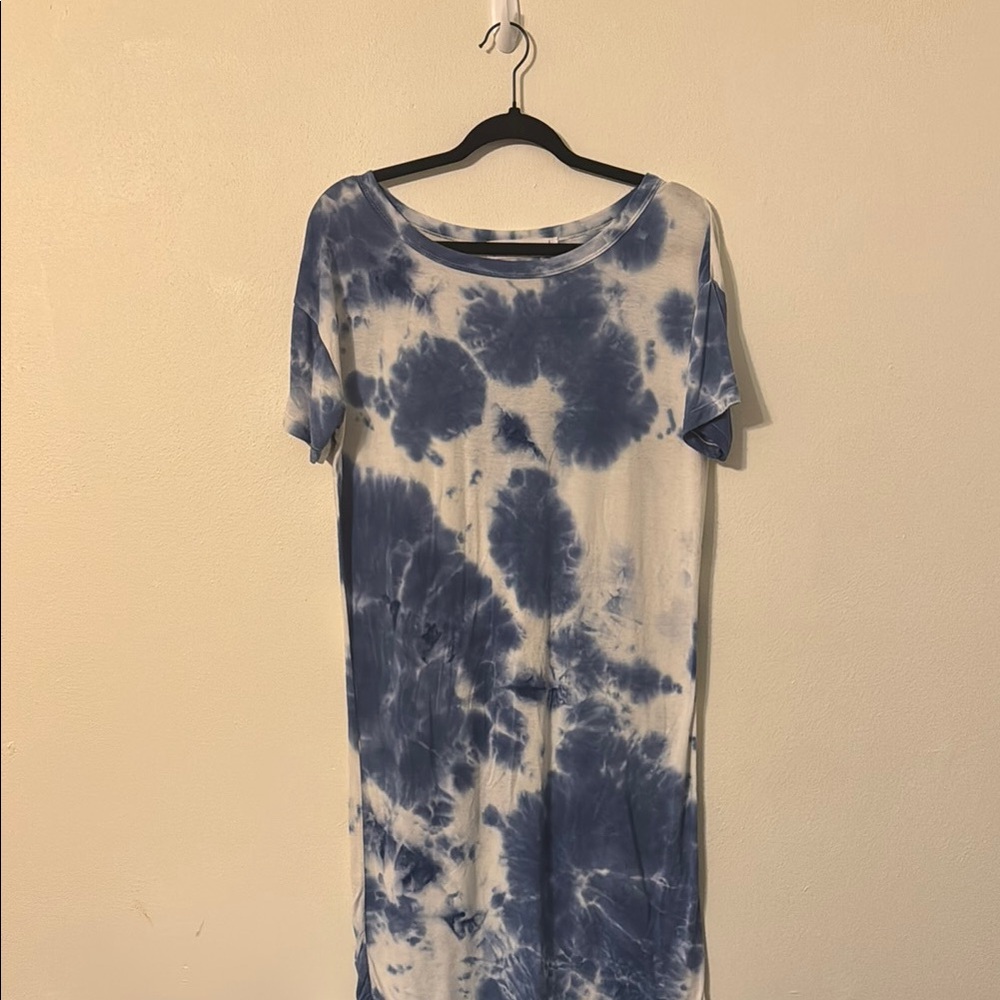 Asymmetrical Blue and White Sheath Midi Dress